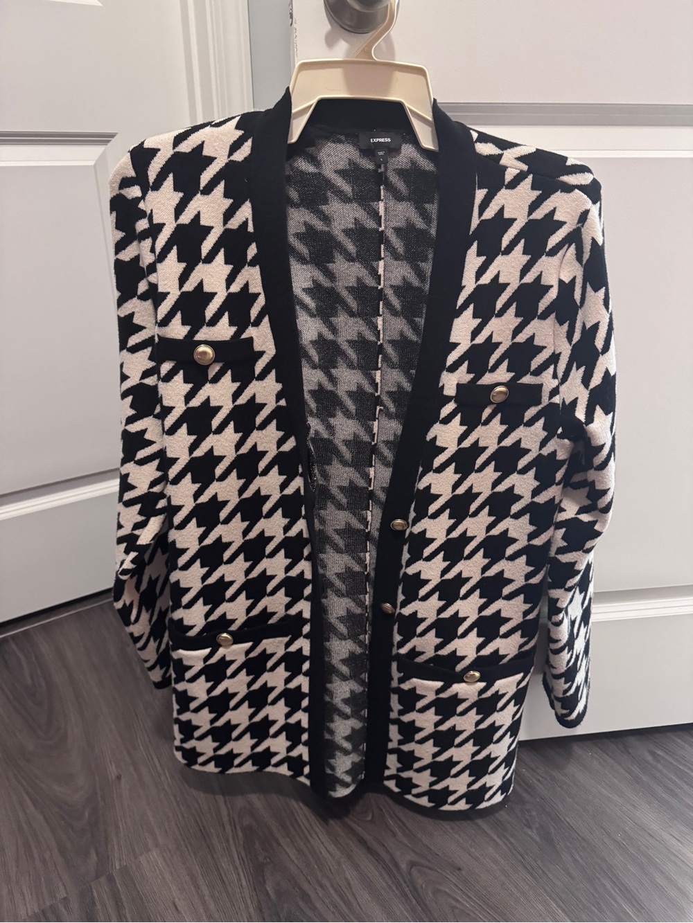 Express Black & White Houndstooth Open-Front Blazer Jacket